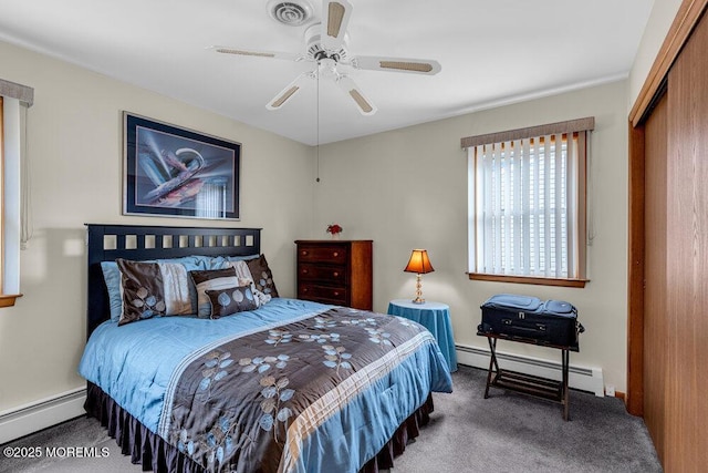 bedroom featuring visible vents, carpet, baseboard heating, a baseboard heating unit, and a closet