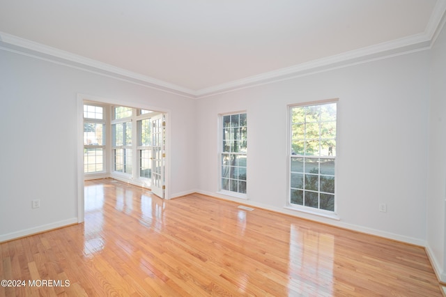 spare room with light wood finished floors, baseboards, ornamental molding, and a wealth of natural light