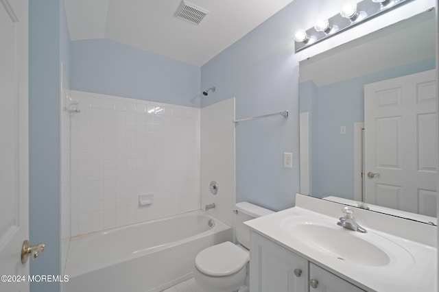 full bath with toilet, shower / bathtub combination, vanity, and visible vents