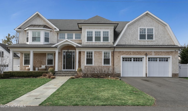 shingle-style home with a gambrel roof, a front lawn, driveway, a porch, and a shingled roof