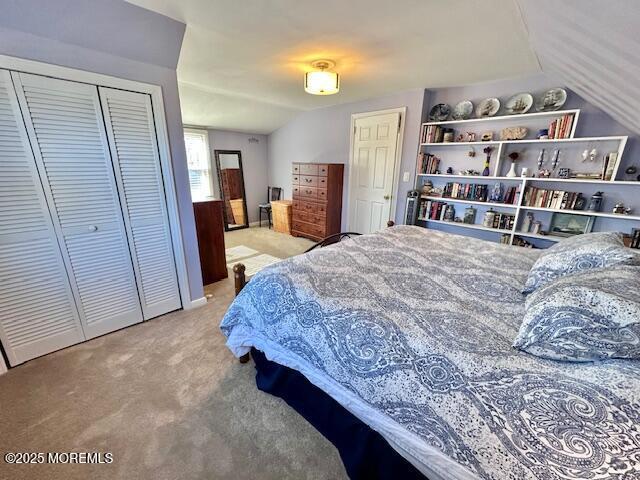 carpeted bedroom featuring lofted ceiling and a closet