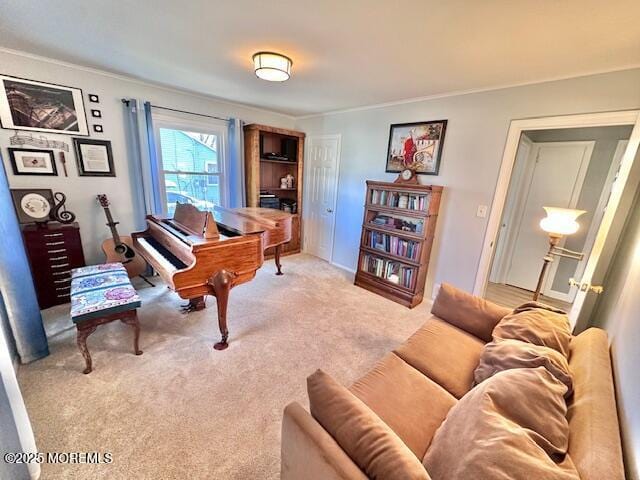 living area featuring ornamental molding and light colored carpet