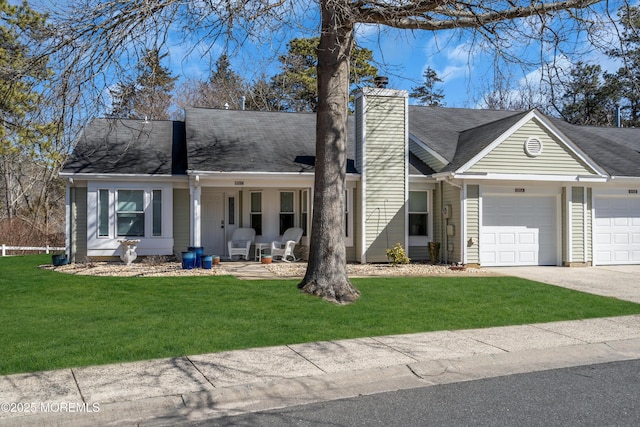 view of front facade featuring driveway, a shingled roof, a chimney, an attached garage, and a front lawn