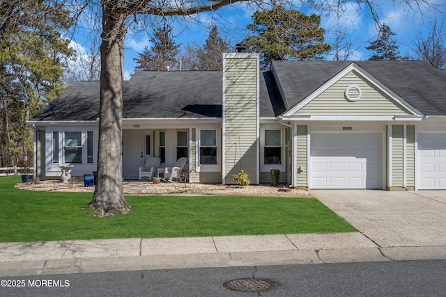 view of front of property featuring a garage, concrete driveway, a chimney, roof with shingles, and a front yard