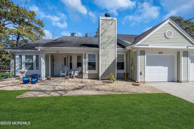 view of front facade with a garage, a front yard, driveway, and a chimney