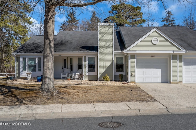 view of front of house with driveway, a shingled roof, a chimney, and an attached garage