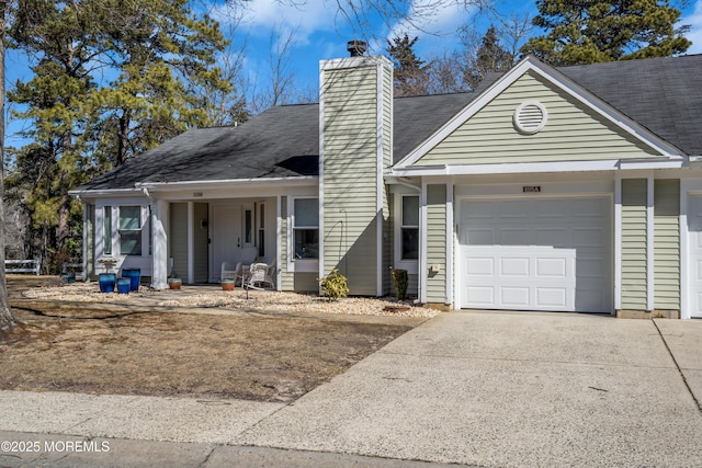 view of front of home with a garage, driveway, and a chimney