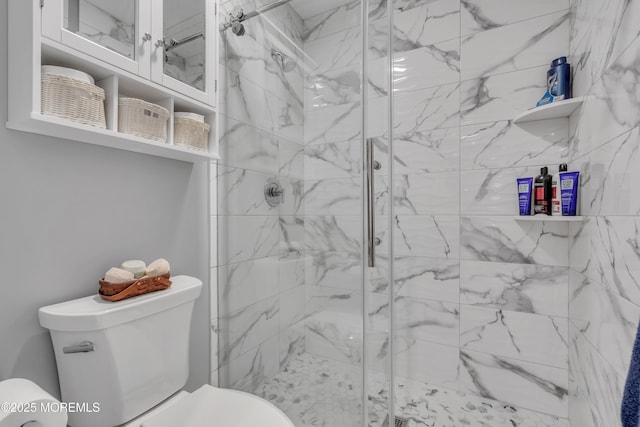 full bathroom featuring a marble finish shower and toilet