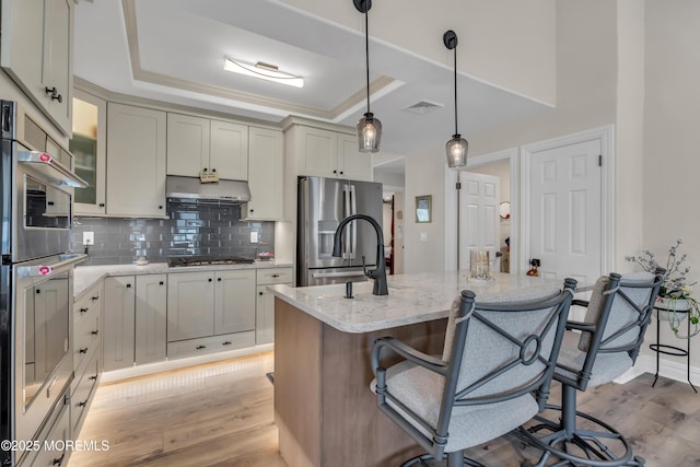 kitchen with stainless steel appliances, a tray ceiling, a breakfast bar area, and under cabinet range hood