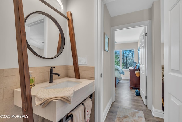 bathroom with wood finished floors, vanity, and ensuite bathroom