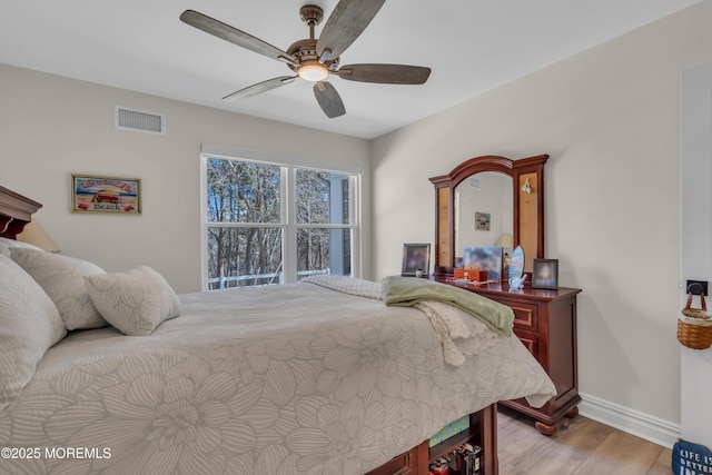 bedroom with light wood-style floors, baseboards, visible vents, and ceiling fan