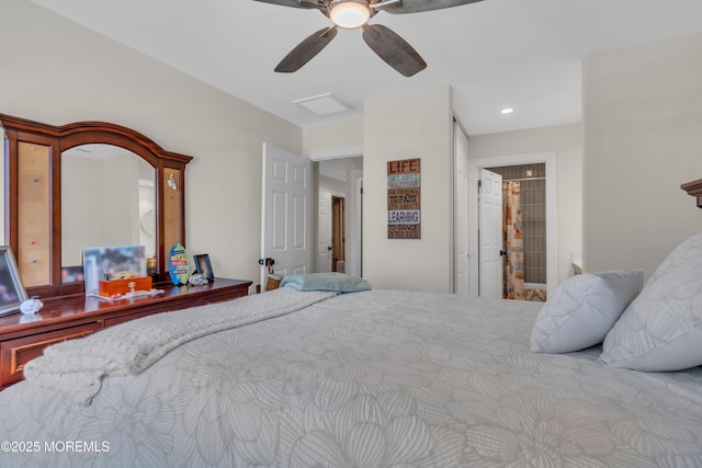 bedroom with ceiling fan and recessed lighting