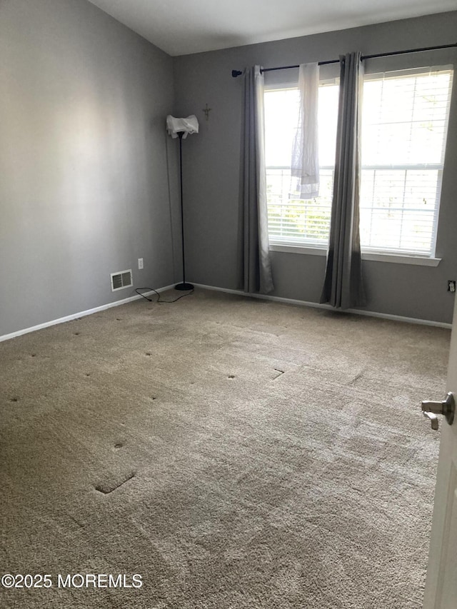 carpeted empty room with visible vents, plenty of natural light, and baseboards