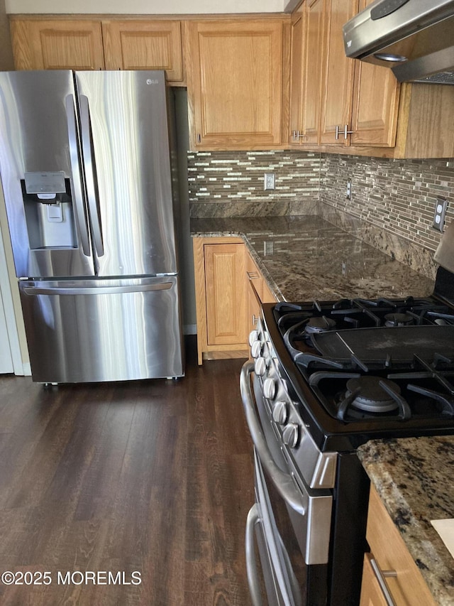 kitchen featuring dark wood-style floors, appliances with stainless steel finishes, backsplash, and exhaust hood