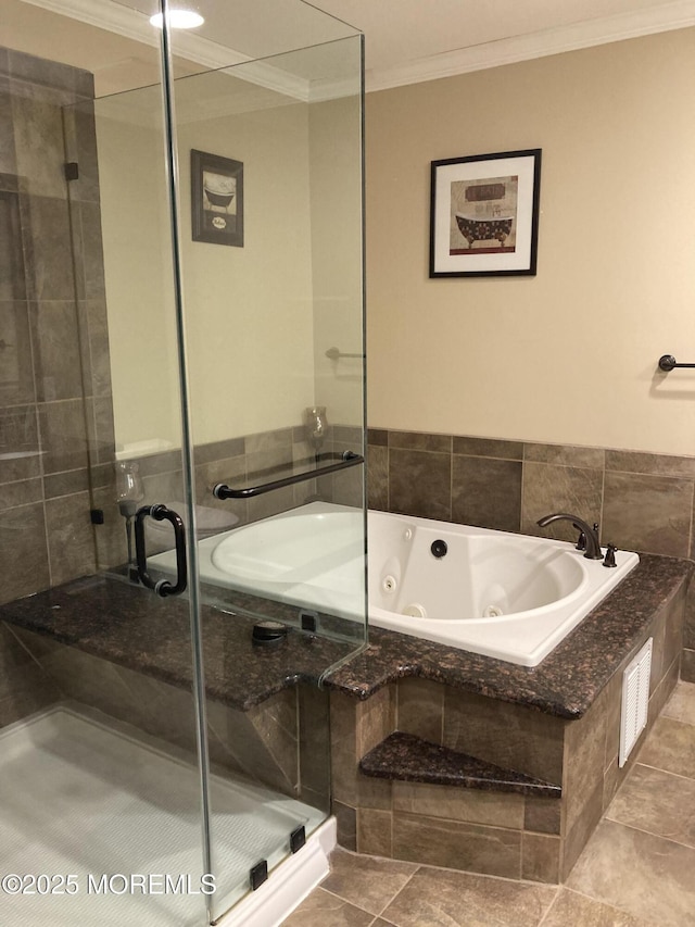 bathroom with visible vents, ornamental molding, a whirlpool tub, tile patterned flooring, and a shower stall