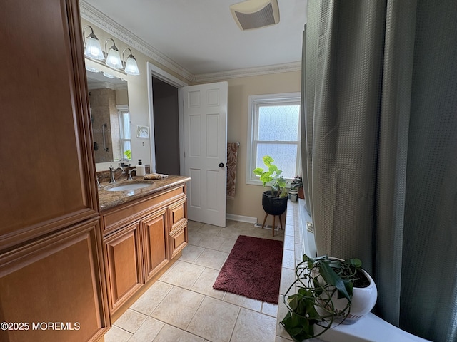 full bathroom featuring visible vents, baseboards, ornamental molding, tile patterned flooring, and vanity