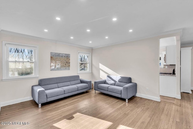 living area with light wood finished floors, baseboards, and ornamental molding