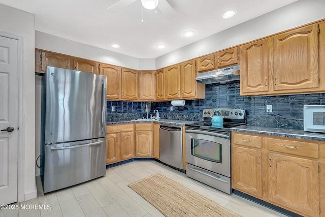 kitchen with under cabinet range hood, tasteful backsplash, appliances with stainless steel finishes, and a sink