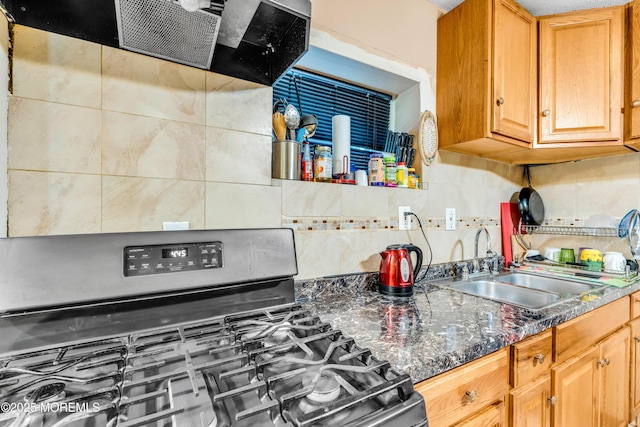 kitchen featuring stainless steel gas stove, extractor fan, a sink, and decorative backsplash