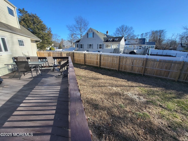 view of yard featuring a residential view, outdoor dining area, and a fenced backyard