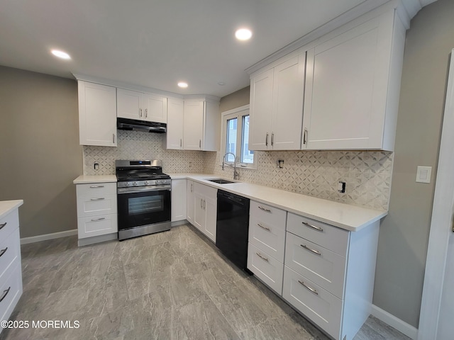 kitchen with black dishwasher, stainless steel gas range oven, decorative backsplash, under cabinet range hood, and a sink