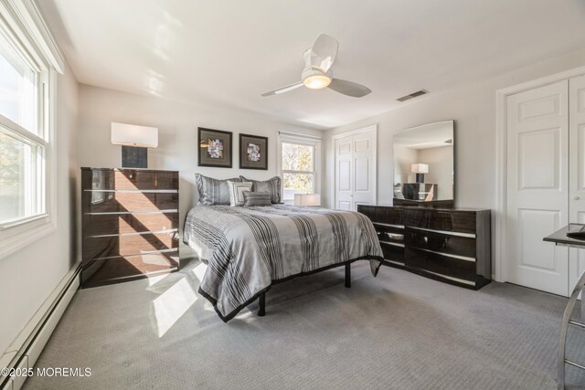 bedroom featuring a ceiling fan, carpet, visible vents, and baseboard heating