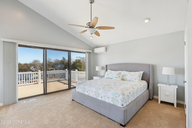 carpeted bedroom with baseboards, visible vents, high vaulted ceiling, a wall mounted AC, and access to outside