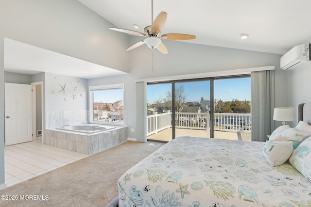 bedroom with a wall mounted air conditioner, carpet floors, lofted ceiling, and access to outside