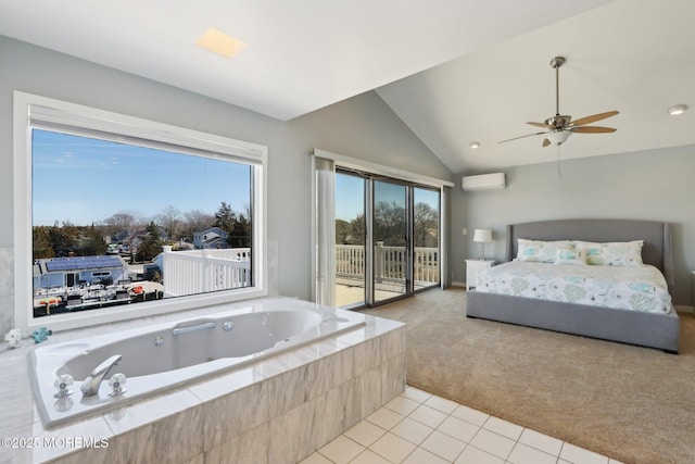 bedroom with light tile patterned floors, lofted ceiling, a wall mounted air conditioner, access to outside, and light colored carpet