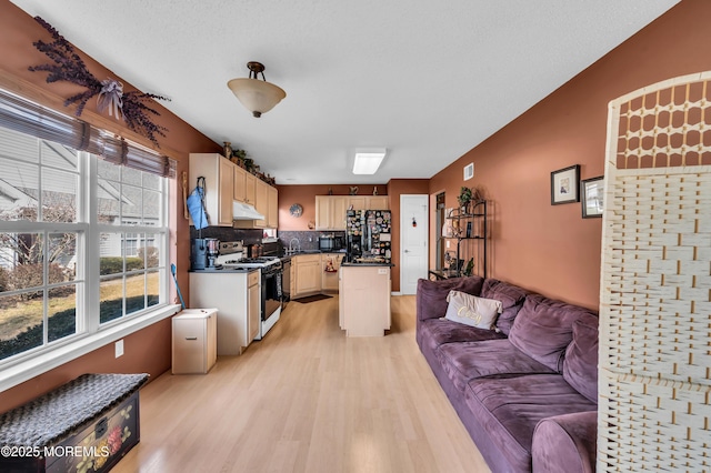 kitchen with white range with gas stovetop, decorative backsplash, open floor plan, light wood-type flooring, and under cabinet range hood