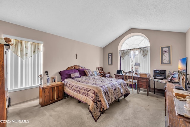 bedroom with carpet floors, vaulted ceiling, and a textured ceiling