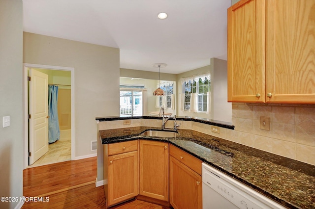 kitchen with dark stone counters, a sink, light wood-style floors, decorative backsplash, and dishwasher