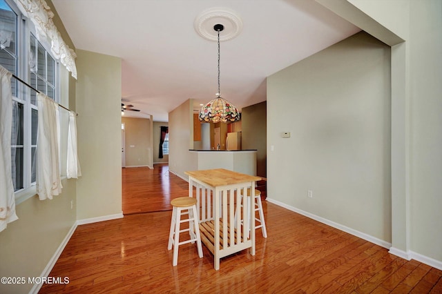 unfurnished dining area featuring wood finished floors, a ceiling fan, and baseboards