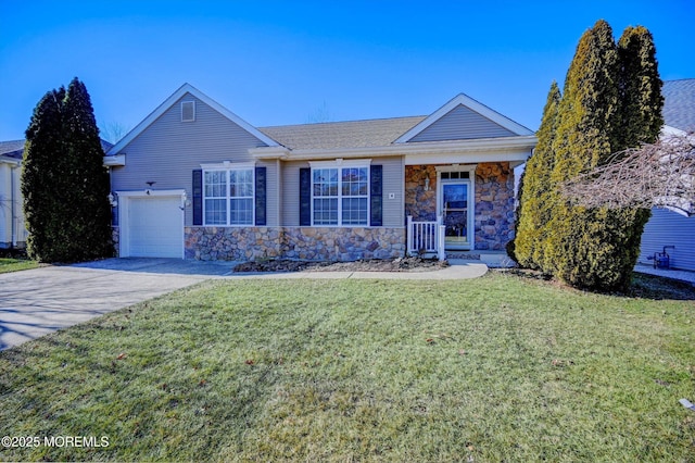 single story home with driveway, stone siding, and a front lawn