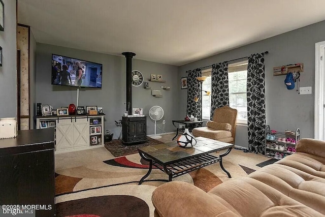 living area with carpet and a wood stove