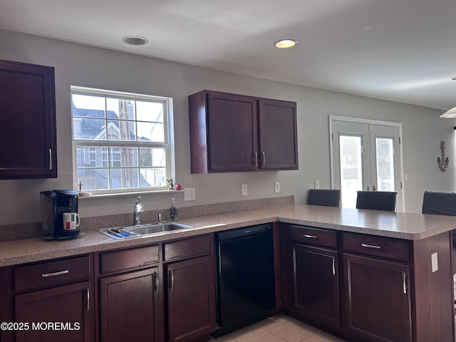 kitchen featuring recessed lighting, a peninsula, a sink, french doors, and dishwasher