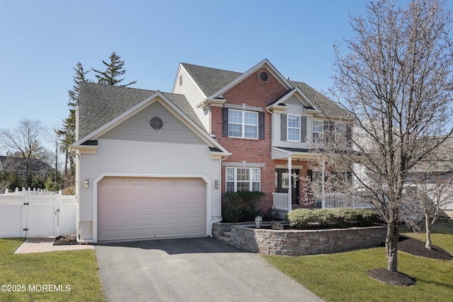 view of front of home with a gate, fence, a front lawn, a garage, and aphalt driveway