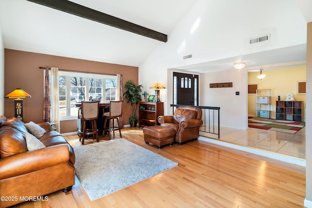 living room featuring beam ceiling, wood finished floors, visible vents, and high vaulted ceiling