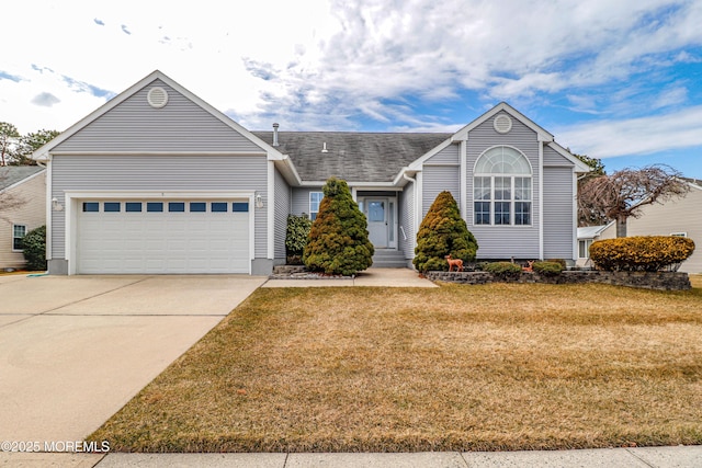 ranch-style home featuring an attached garage, driveway, a shingled roof, and a front yard