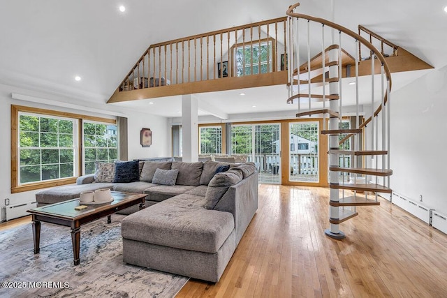 136 Van Brackle Rd, Matawan, NJ 07747 - living area featuring stairs, healthy amount of natural light, high vaulted ceiling, hardwood / wood-style floors, and recessed lighting