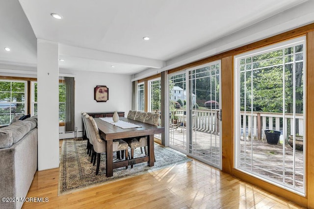 136 Van Brackle Rd, Matawan, NJ 07747 - dining room with a baseboard radiator, light wood-type flooring, recessed lighting, and beam ceiling