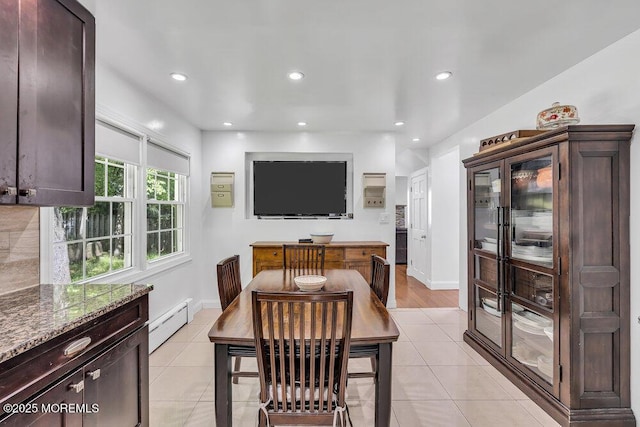 136 Van Brackle Rd, Matawan, NJ 07747 - dining room featuring baseboard heating, baseboards, light tile patterned floors, and recessed lighting