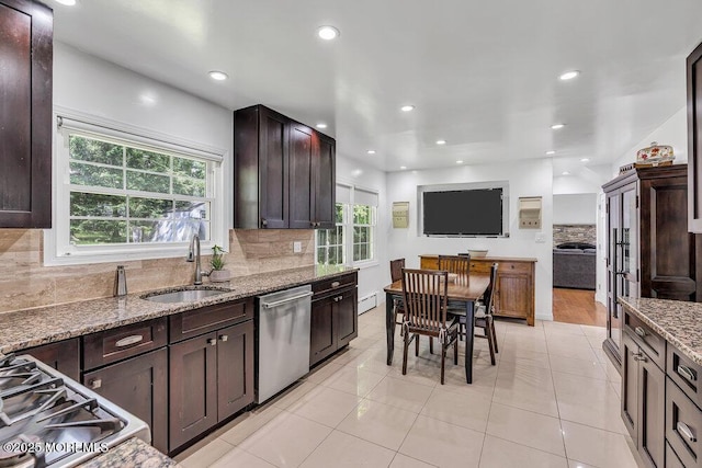 136 Van Brackle Rd, Matawan, NJ 07747 - kitchen with stainless steel appliances, a sink, healthy amount of natural light, light stone countertops, and recessed lighting