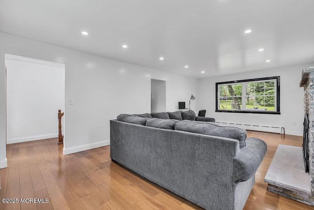 136 Van Brackle Rd, Matawan, NJ 07747 - living room featuring baseboard heating, wood finished floors, recessed lighting, and baseboards