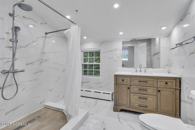 136 Van Brackle Rd, Matawan, NJ 07747 - full bathroom featuring a baseboard radiator, toilet, vanity, a marble finish shower, and recessed lighting