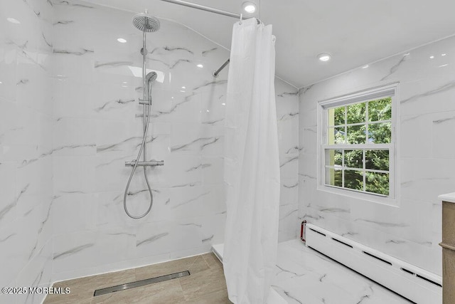 136 Van Brackle Rd, Matawan, NJ 07747 - full bathroom featuring a baseboard radiator and a marble finish shower