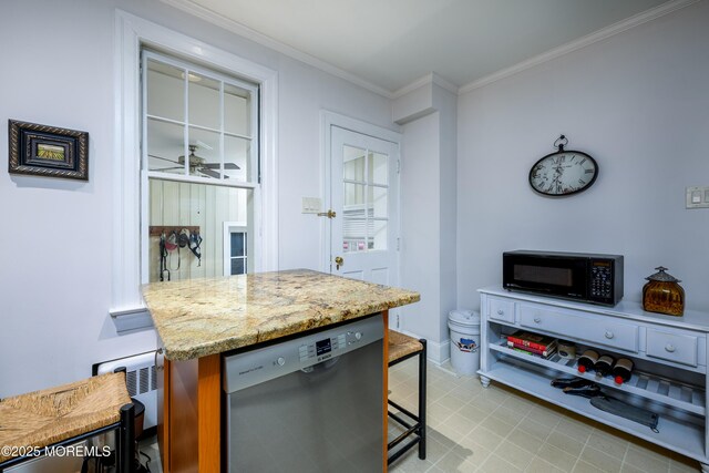 kitchen featuring crown molding, stainless steel dishwasher, ceiling fan, light stone countertops, and black microwave