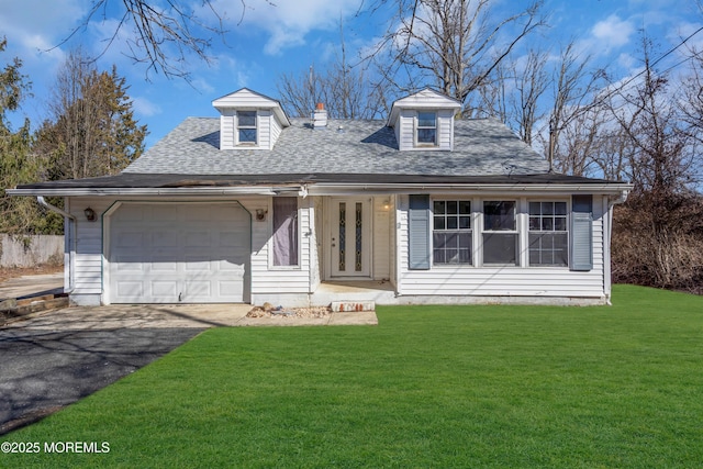 cape cod house with an attached garage, driveway, roof with shingles, and a front yard