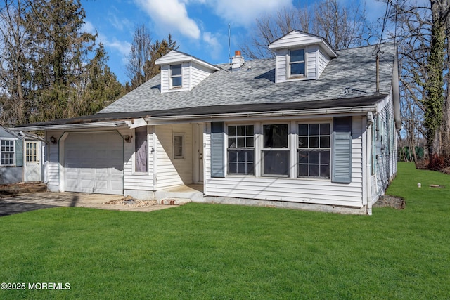 cape cod home with an attached garage, a shingled roof, and a front yard