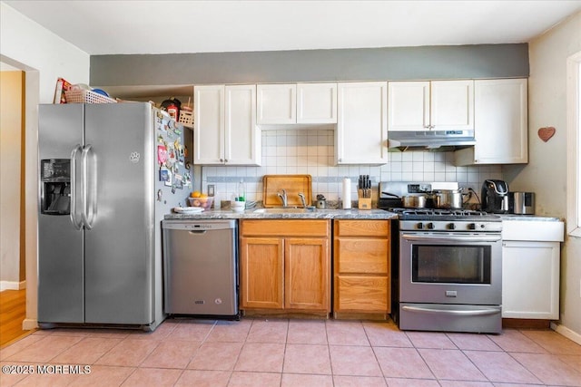 kitchen featuring stainless steel appliances, tasteful backsplash, a sink, and under cabinet range hood